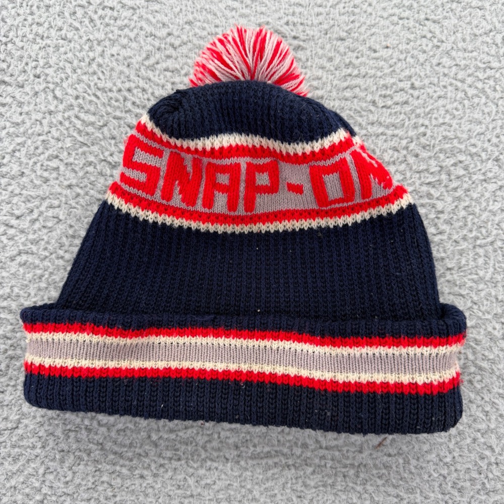 Snap-on Tools Knit Beanie Navy Blue Red Grey Cuffed Pom Pom Winter Hat Logo